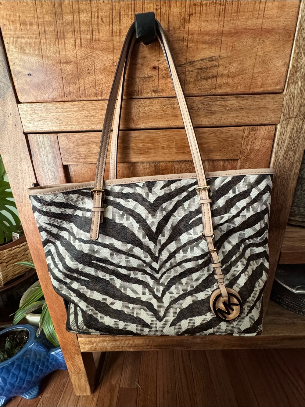Michael Kors Zebra-Print Tote in Black and Cream with Tan Trim